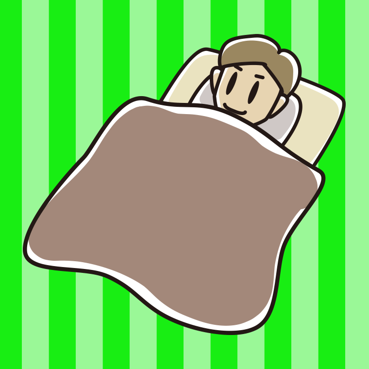 布団で寝る男性のイラスト【色、背景あり】PNG
