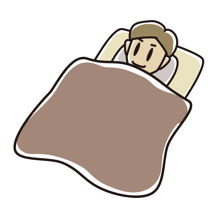 布団で寝る男性のイラスト【色あり、背景なし】透過PNG