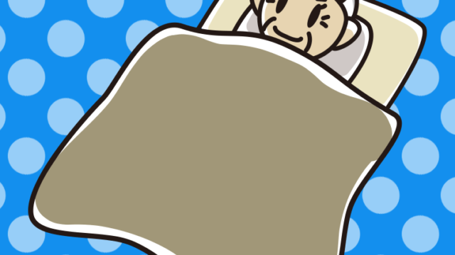 布団で寝るおばあさんのイラスト【色、背景あり】PNG