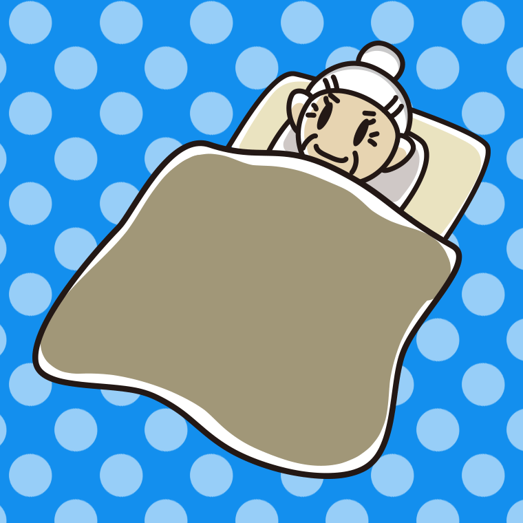 布団で寝るおばあさんのイラスト【色、背景あり】PNG