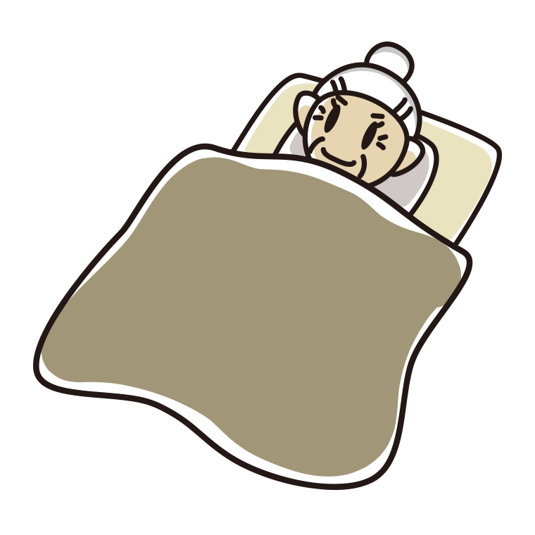 布団で寝るおばあさんのイラスト【色あり、背景なし】透過PNG