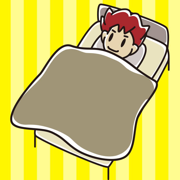ベッドで寝る男子大学生のイラスト【色、背景あり】PNG