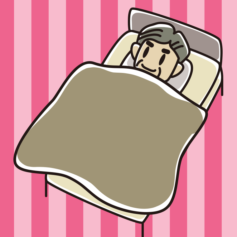 ベッドで寝るおじさんのイラスト【色、背景あり】PNG