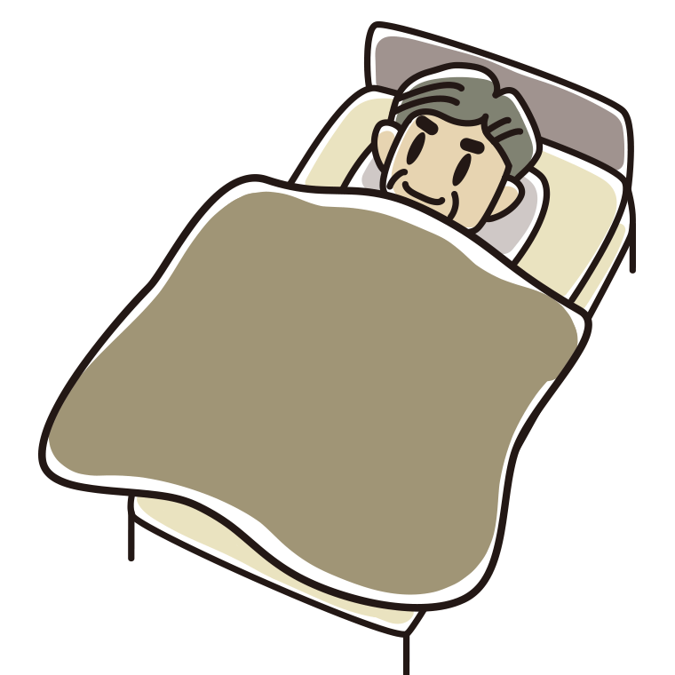 ベッドで寝るおじさんのイラスト【色あり、背景なし】透過PNG
