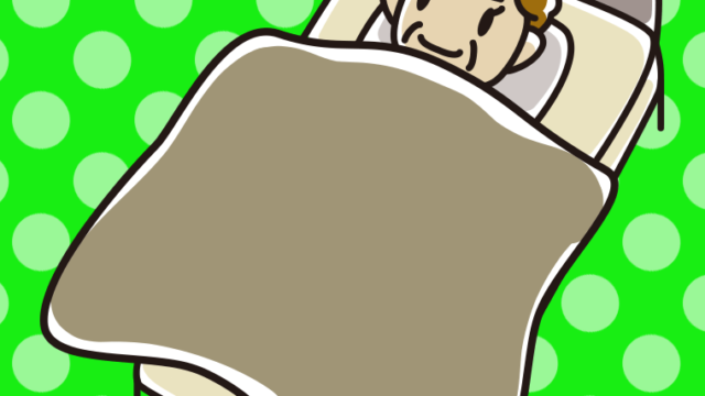 ベッドで寝るおばさんのイラスト【色、背景あり】PNG