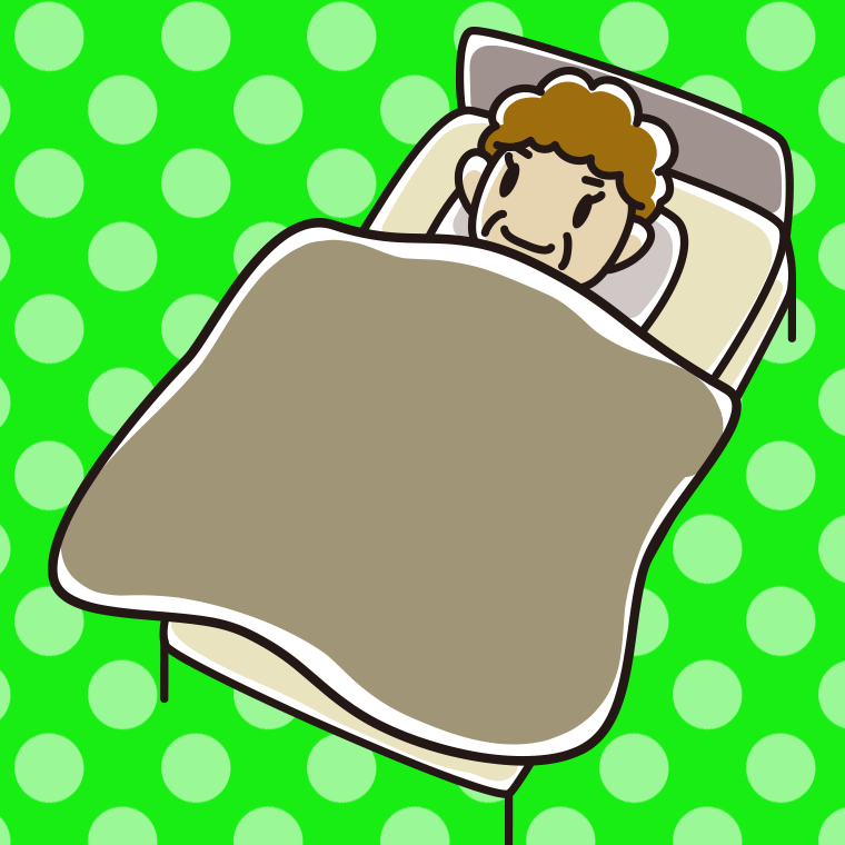 ベッドで寝るおばさんのイラスト【色、背景あり】PNG