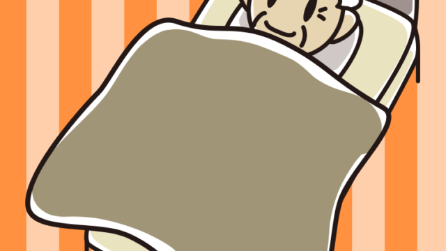 ベッドで寝るおじいさんのイラスト【色、背景あり】PNG