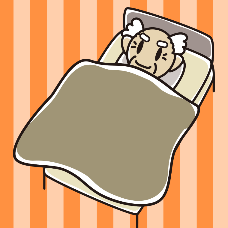 ベッドで寝るおじいさんのイラスト【色、背景あり】PNG
