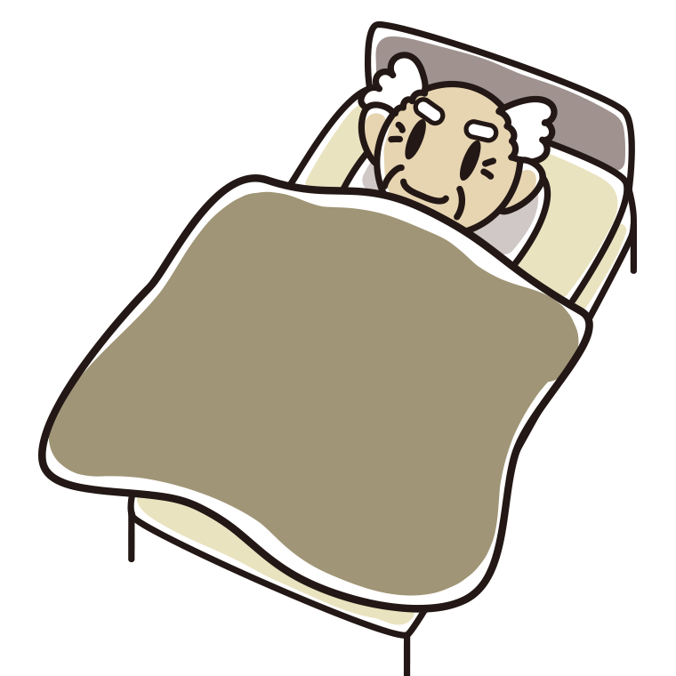ベッドで寝るおじいさんのイラスト【色あり、背景なし】透過PNG