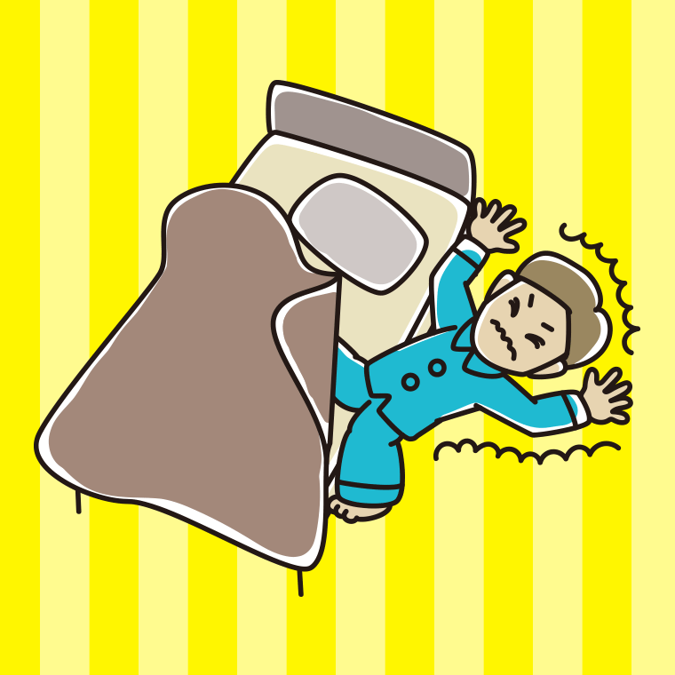 ベッドから落ちる男性のイラスト【色、背景あり】PNG
