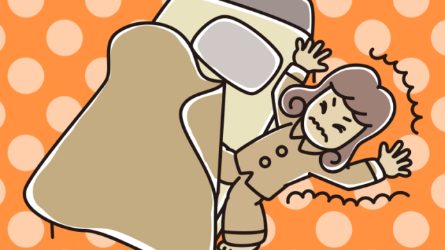 ベッドから落ちる女子大学生のイラスト【色、背景あり】PNG