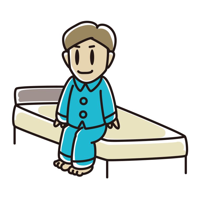 ベッドに座る男性のイラスト【色あり、背景なし】透過PNG