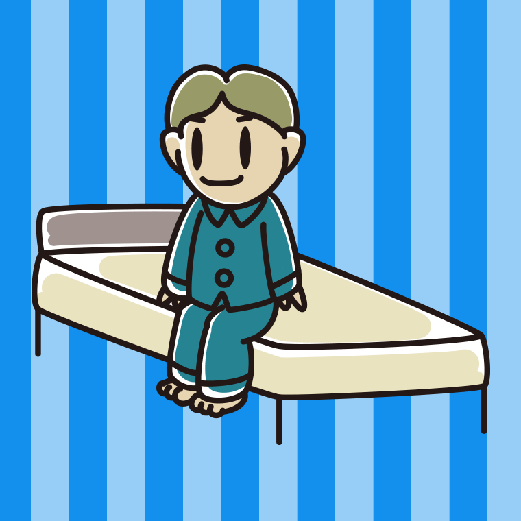 ベッドに座る小学生男子のイラスト【色、背景あり】PNG