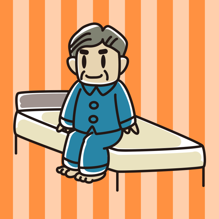 ベッドに座るおじさんのイラスト【色、背景あり】PNG