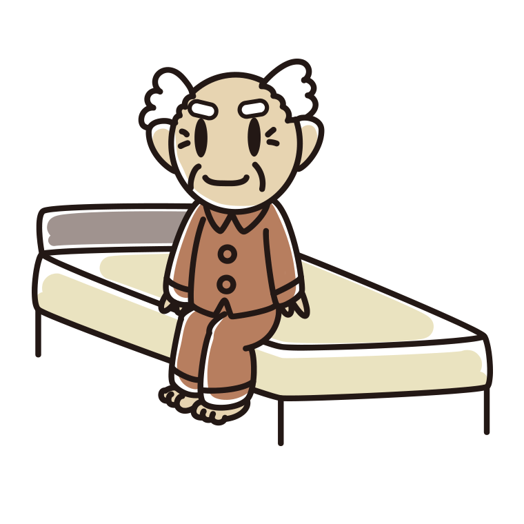 ベッドに座るおじいさんのイラスト【色あり、背景なし】透過PNG