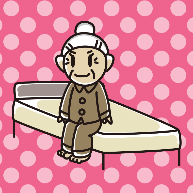 ベッドに座るおばあさんのイラスト【色、背景あり】PNG