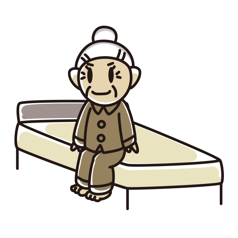 ベッドに座るおばあさんのイラスト【色あり、背景なし】透過PNG