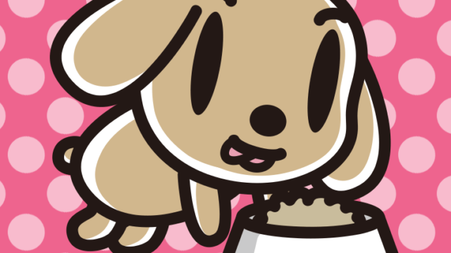 ごはんを食べるトイプーちゃんのイラスト【色、背景あり】PNG