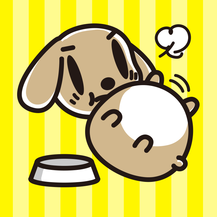 ごはんを食べて満腹なトイプーちゃん（犬）のイラスト【色、背景あり】PNG