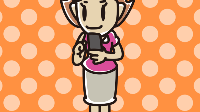 立ってスマホを使う女性のイラスト【色、背景あり】PNG