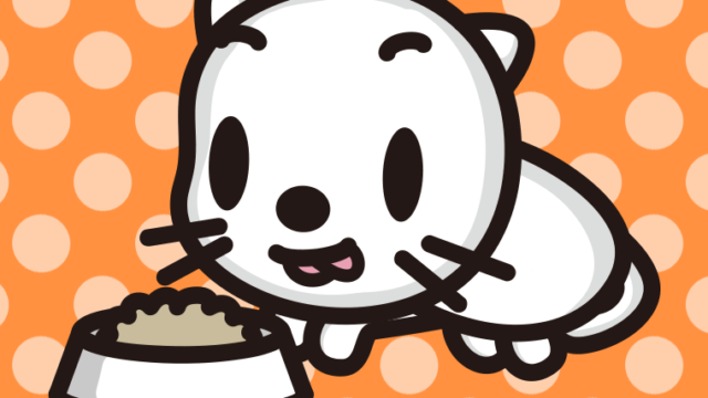 ごはんを食べるネコちゃんのイラスト【色、背景あり】PNG