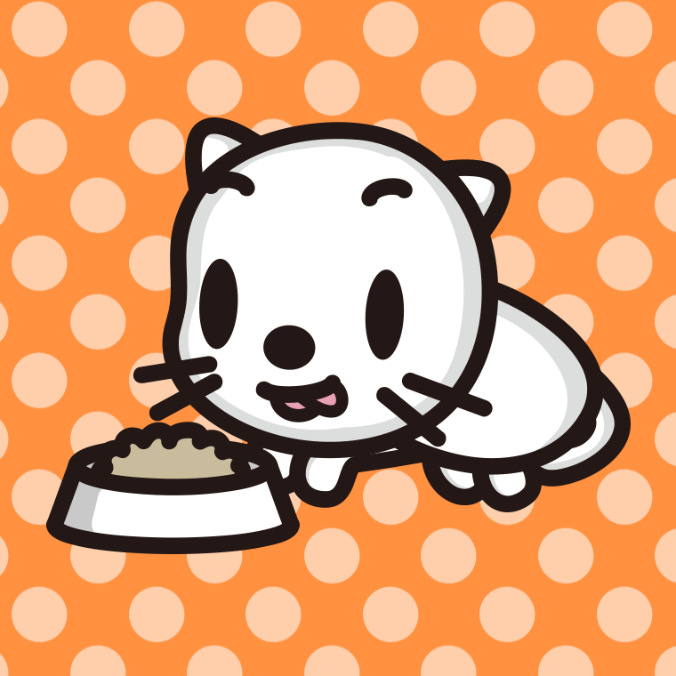 ごはんを食べるネコちゃんのイラスト【色、背景あり】PNG