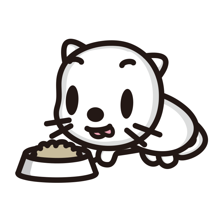 ごはんを食べるネコちゃんのイラスト【色あり、背景なし】透過PNG