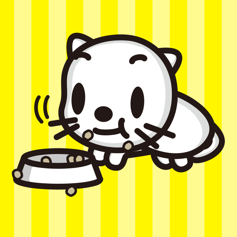 ごはんをモリモリ食べるネコちゃんのイラスト【色、背景あり】PNG