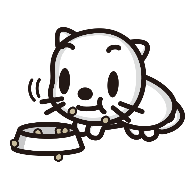ごはんをモリモリ食べるネコちゃんのイラスト【色あり、背景なし】透過PNG