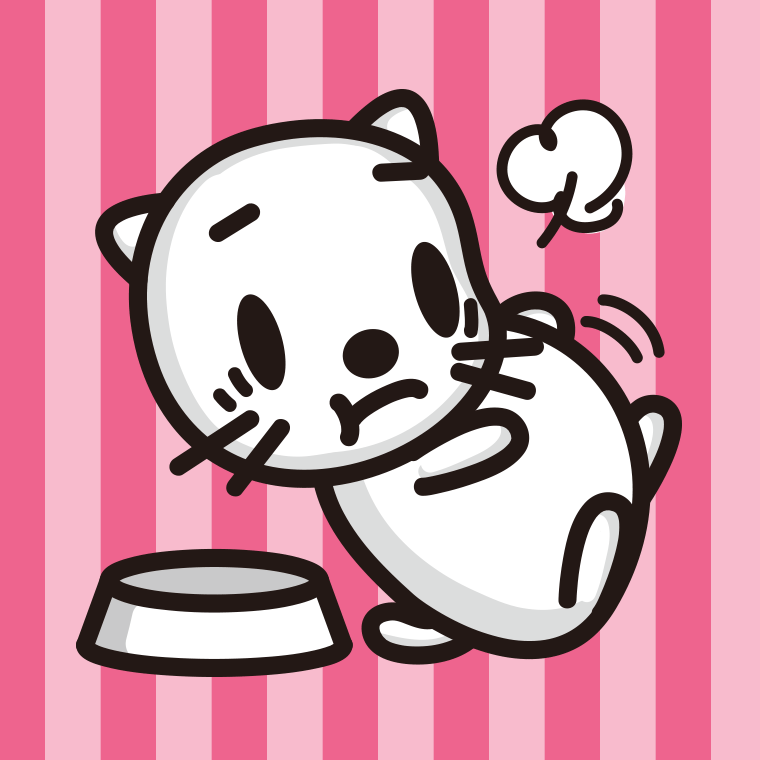 ごはんを食べて満腹なネコちゃんのイラスト【色、背景あり】PNG