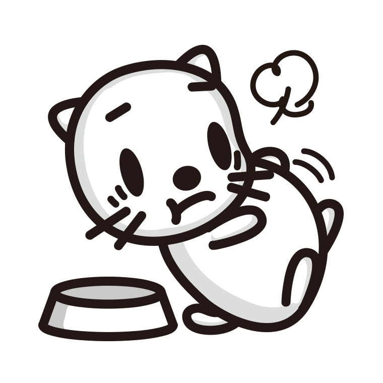 ごはんを食べて満腹なネコちゃんのイラスト【色あり、背景なし】透過PNG