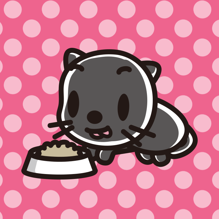 ごはんを食べる黒猫ちゃんのイラスト【色、背景あり】PNG