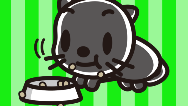 ごはんをモリモリ食べる黒猫ちゃんのイラスト【色、背景あり】PNG