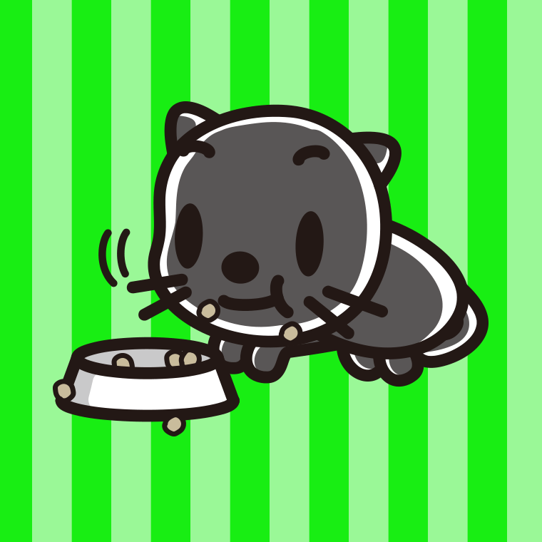 ごはんをモリモリ食べる黒猫ちゃんのイラスト【色、背景あり】PNG