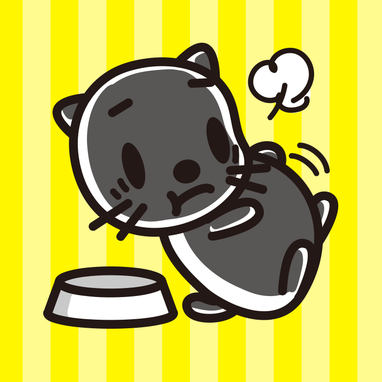 ごはんを食べて満腹な黒猫ちゃんのイラスト【色、背景あり】PNG