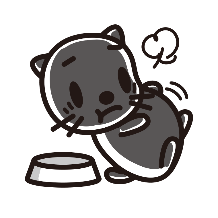 ごはんを食べて満腹な黒猫ちゃんのイラスト【色あり、背景なし】透過PNG