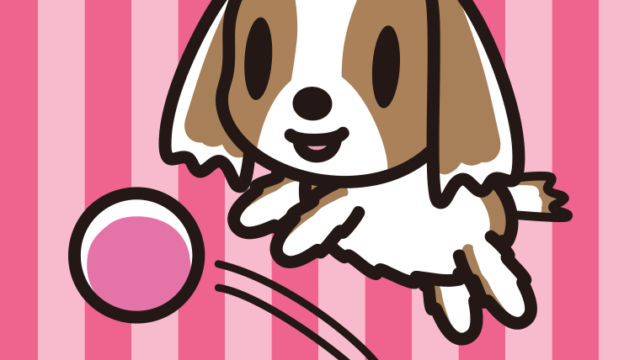 ボールを追うキャバリアちゃん（犬）のイラスト【色、背景あり】PNG