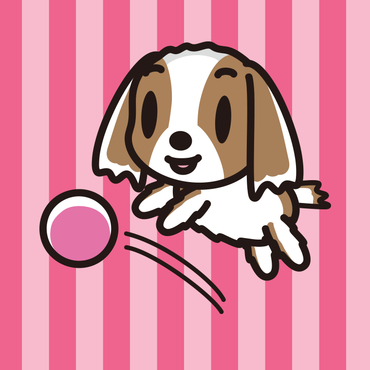 ボールを追うキャバリアちゃん（犬）のイラスト【色、背景あり】PNG