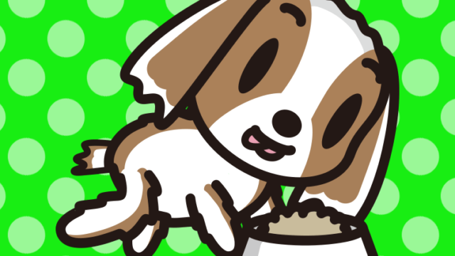 ごはんを食べるキャバリアちゃん（犬）のイラスト【色、背景あり】PNG