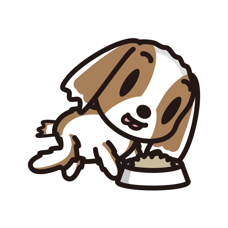 ごはんを食べるキャバリアちゃん（犬）のイラスト【色あり、背景なし】透過PNG