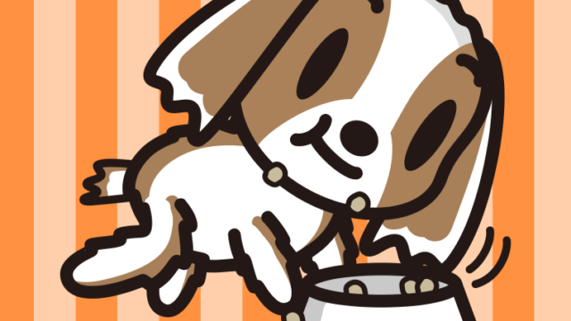 ごはんをモリモリ食べるキャバリアちゃん（犬）のイラスト【色、背景あり】PNG