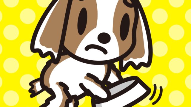 ごはんをもっと食べたいキャバリアちゃん（犬）のイラスト【色、背景あり】PNG