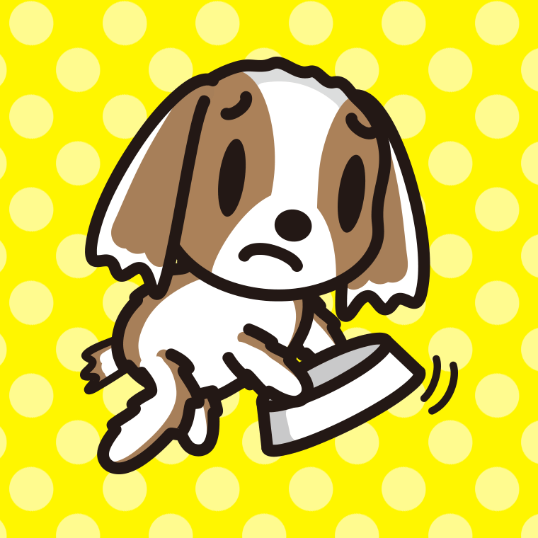 ごはんをもっと食べたいキャバリアちゃん（犬）のイラスト【色、背景あり】PNG