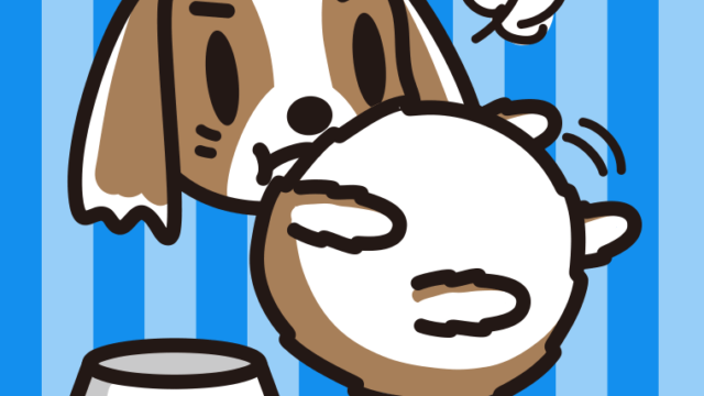 ごはんを食べて満腹なキャバリアちゃん（犬）のイラスト【色、背景あり】PNG