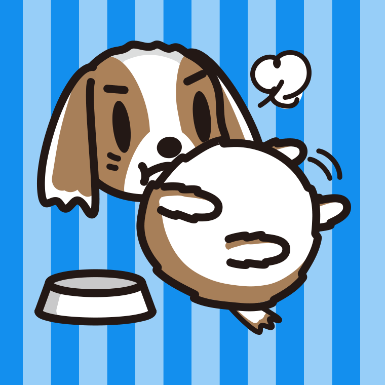 ごはんを食べて満腹なキャバリアちゃん（犬）のイラスト【色、背景あり】PNG
