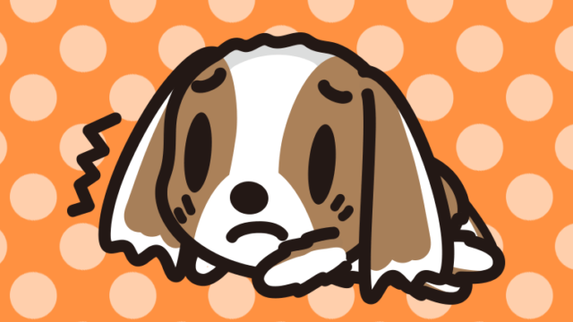 具合が悪いキャバリアちゃん（犬）のイラスト【色、背景あり】PNG