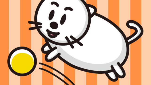 ボールを追う太ったネコちゃんのイラスト【色、背景あり】PNG