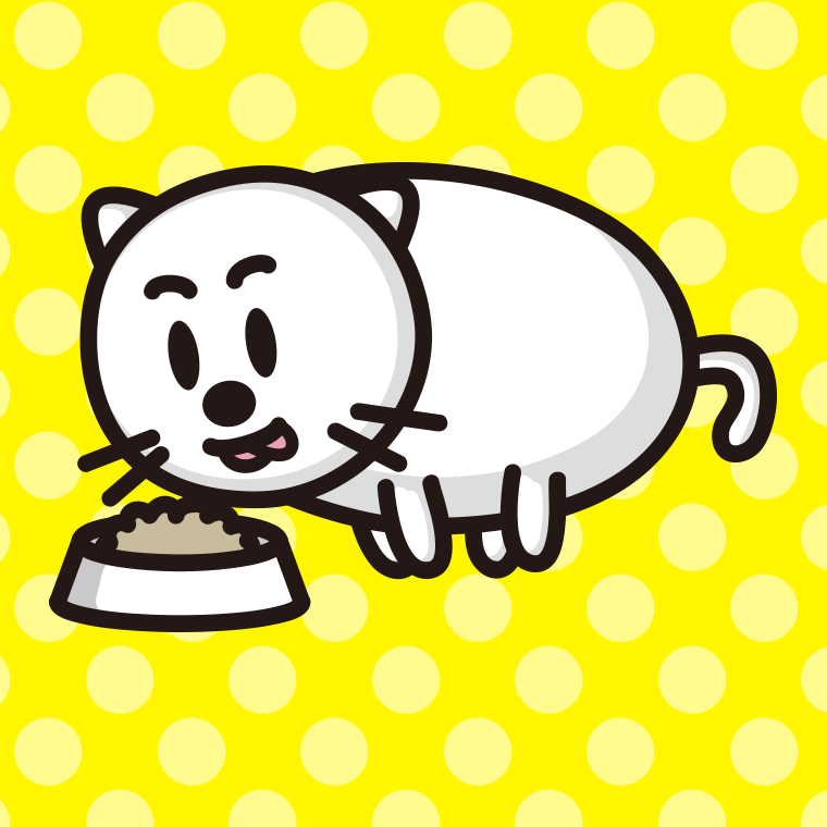 ごはんを食べる太ったネコちゃんのイラスト【色、背景あり】PNG