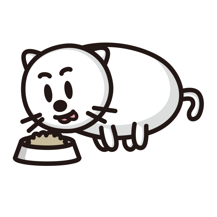 ごはんを食べる太ったネコちゃんのイラスト【色あり、背景なし】透過PNG