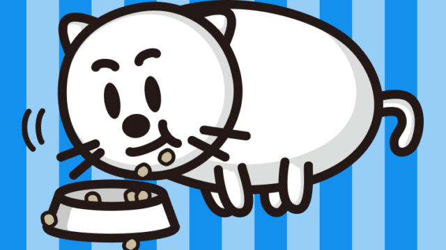 ごはんをモリモリ食べる太ったネコちゃんのイラスト【色、背景あり】PNG